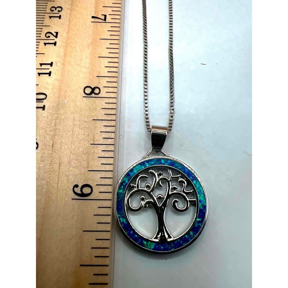 NEW Blue Opal Tree Of Life Round Pendant Silver Chain Necklace - Picture 8 of 8